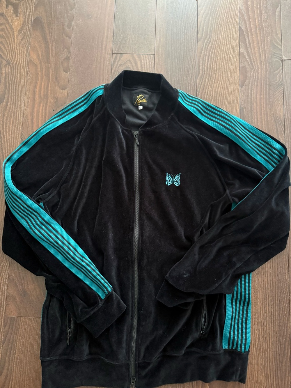 Needles Black Velvet Bomber Jacket with Teal Stripe Accents
